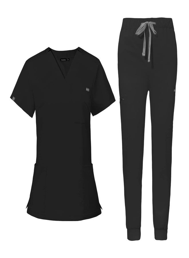 niaahinn Scrub for Women Scrubs Top with Classic V-Neck & Yoga Jogger Pants Medical Nursing Uniform Scrub Set (Black, XXL) - Image 1